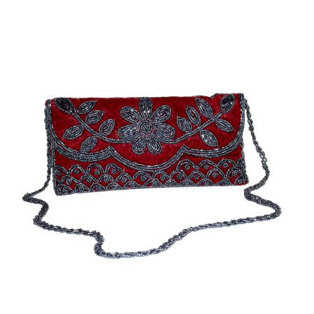 Handmade Velvet Beaded Clutch Bag with Chain Strap in Red Floral Design
